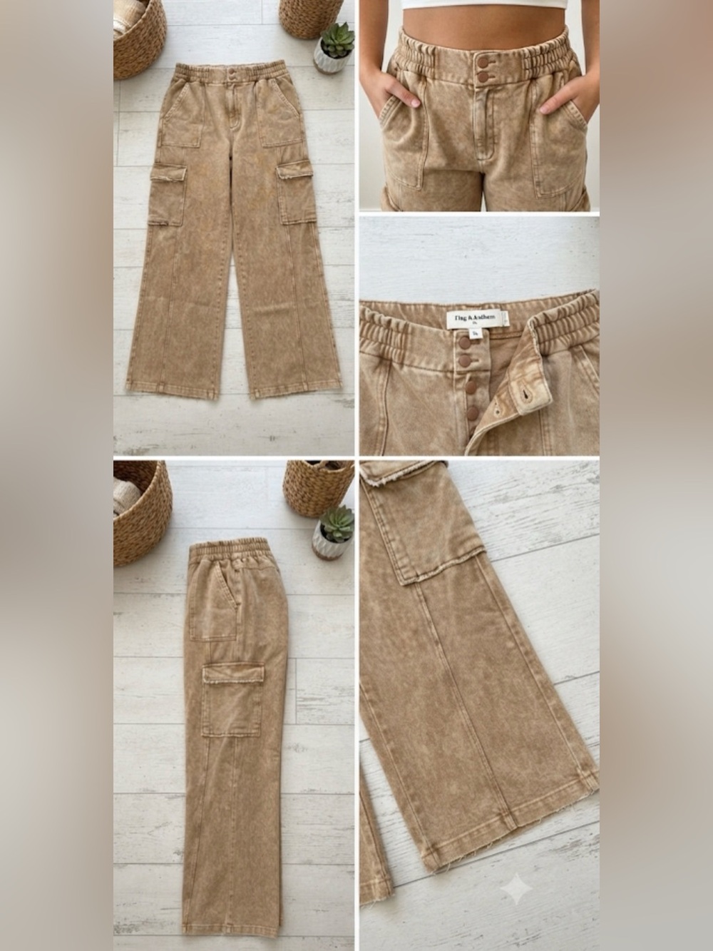 Flag & Anthem Wide Leg Utility Cargo Pants | Acid Wash Tan | Relaxed Fit XL